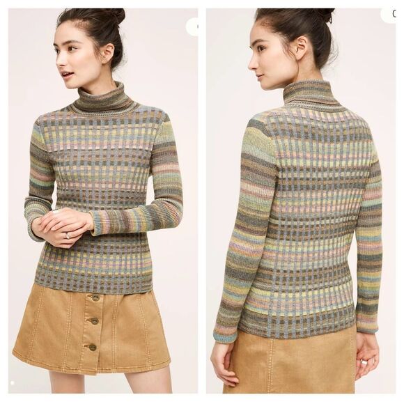 Anthropologie Moth Sydney wool blend Turtleneck sweater Size M in Grey Motif - Picture 1 of 10